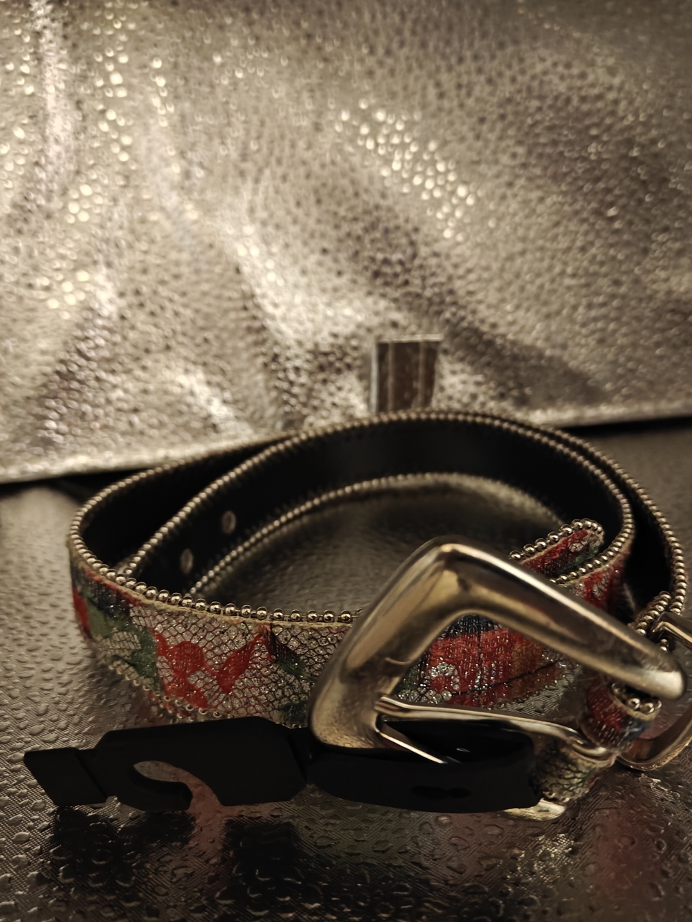 Women's Vintage Floral Embroidered Belt with Silver Buckle - Black Trim